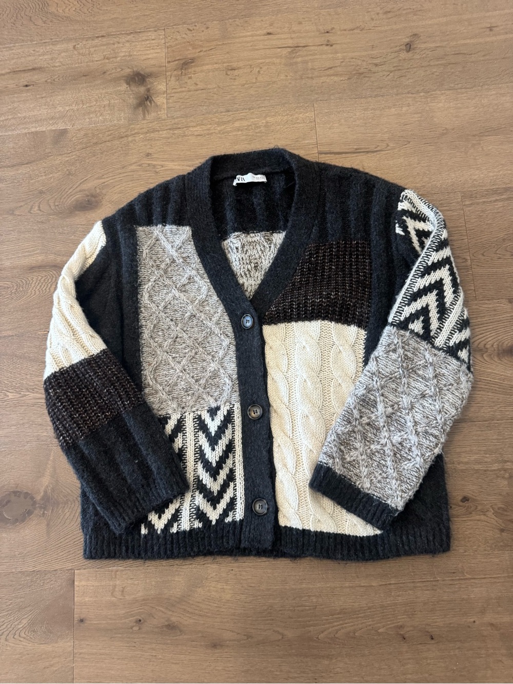 Zara Patchwork Cable-Knit Cardigan - Black, Cream, Gray, Brown